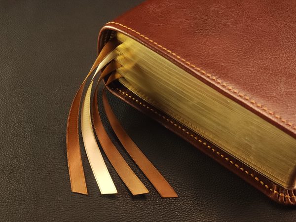 Dark Cognac cowhide leather ESV Study Bible with honey brown stitching and four ribbons - Image 3