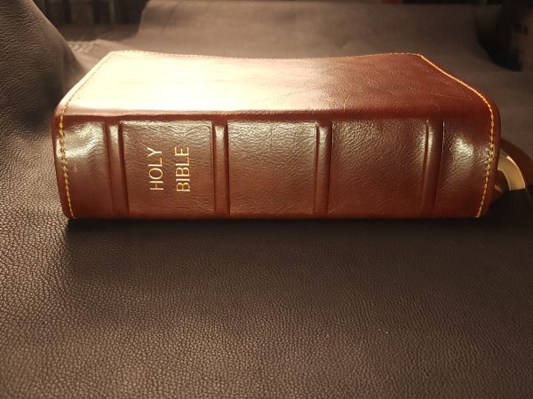 Dark Cognac cowhide leather ESV Study Bible with honey brown stitching and four ribbons - Image 4
