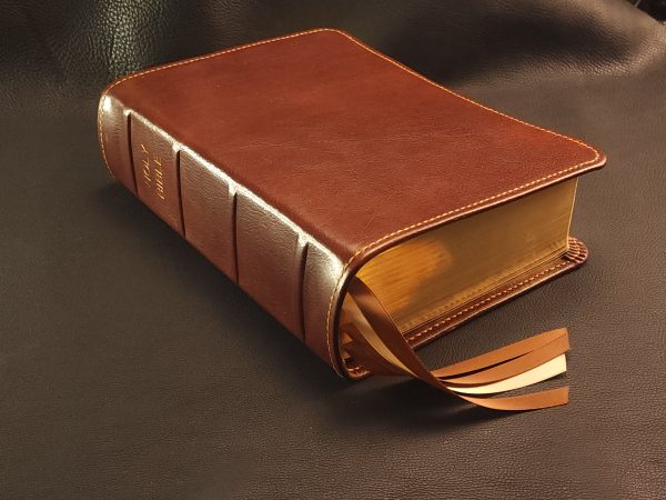 Dark Cognac cowhide leather ESV Study Bible with honey brown stitching and four ribbons - Image 5