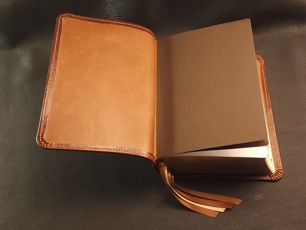 Dark Cognac cowhide leather ESV Study Bible with honey brown stitching and four ribbons - Image 6
