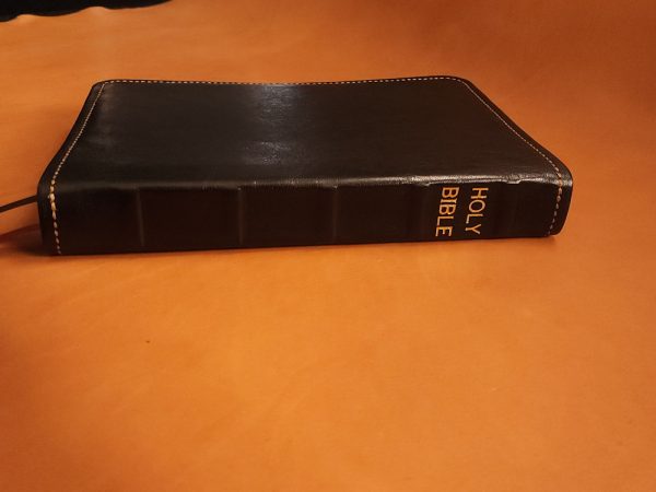 Black sheepskin leather LSB Wide Margin Bible with honey brown perimeter stitching and two ribbons - Image 7