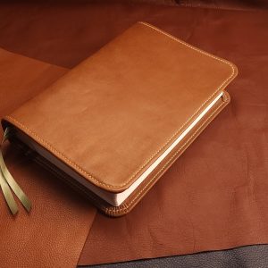 Brown Sheepskin Leather Interleaved Bible, Journaling Edition with Tan Stitching and Two Ribbons