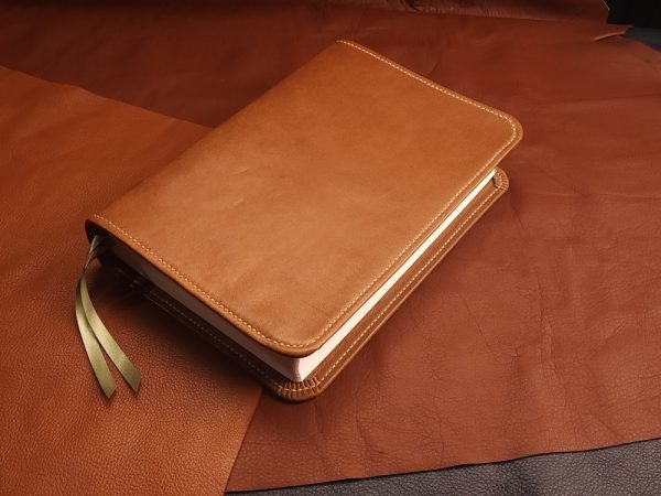 Brown Sheepskin Leather Interleaved Bible, Journaling Edition with Tan Stitching and Two Ribbons