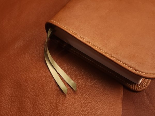 Brown Sheepskin Leather Interleaved Bible, Journaling Edition with Tan Stitching and Two Ribbons - Image 3