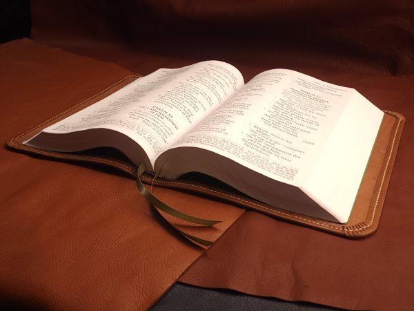 Brown Sheepskin Leather Interleaved Bible, Journaling Edition with Tan Stitching and Two Ribbons - Image 2