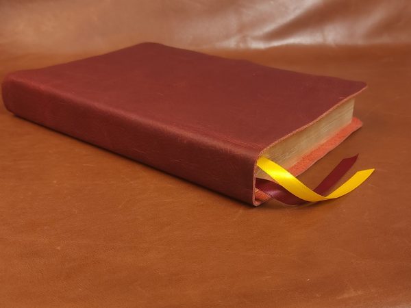 Red cowhide ESV Study Bible with two ribbons in a rugged leather style - Image 8