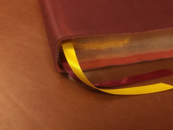 Red cowhide ESV Study Bible with two ribbons in a rugged leather style - Image 3