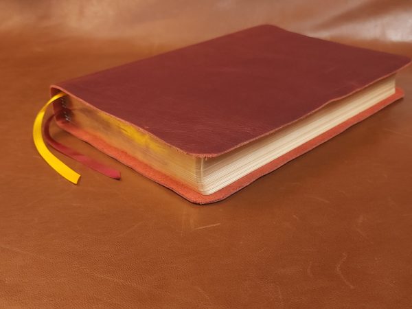Red cowhide ESV Study Bible with two ribbons in a rugged leather style - Image 2