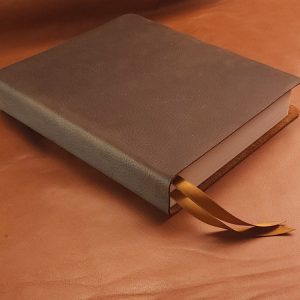 Chocolate brown cowhide Interleaved Bible, Journaling Edition with two ribbons in a rugged leather style