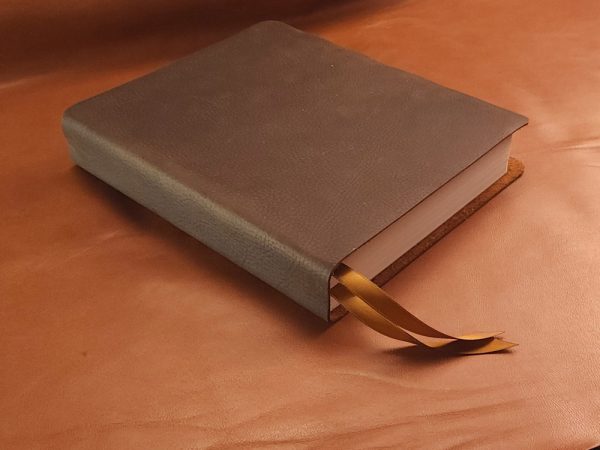 Chocolate brown cowhide Interleaved Bible, Journaling Edition with two ribbons in a rugged leather style
