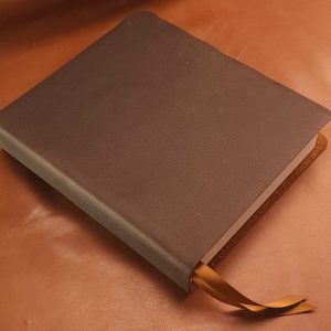 Chocolate brown cowhide ESV Journaling Study Bible Bible with two ribbons in a rugged leather style