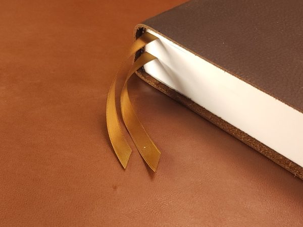 Chocolate brown cowhide Interleaved Bible, Journaling Edition with two ribbons in a rugged leather style - Image 5