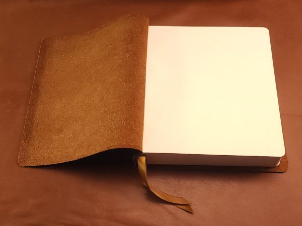 Chocolate brown cowhide Interleaved Bible, Journaling Edition with two ribbons in a rugged leather style - Image 4