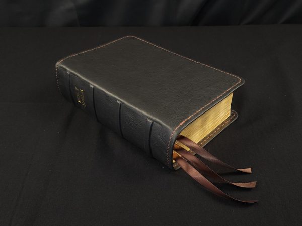 Black cowhide leather Every Man's Bible with brown perimeter stitch and three chocolate brown ribbons - Image 9