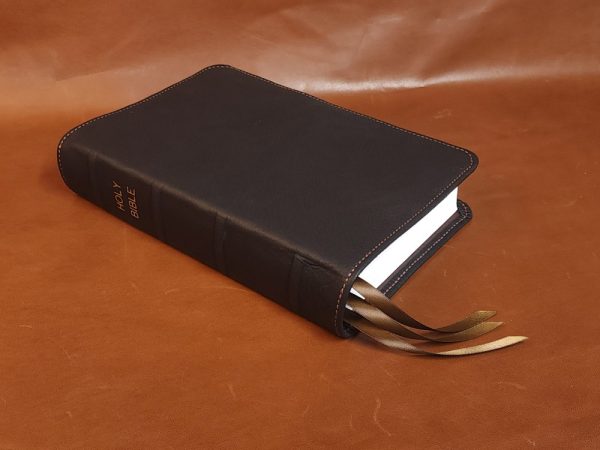 Black cowhide leather Every Man's Bible with brown perimeter stitch and three chocolate brown ribbons - Image 8