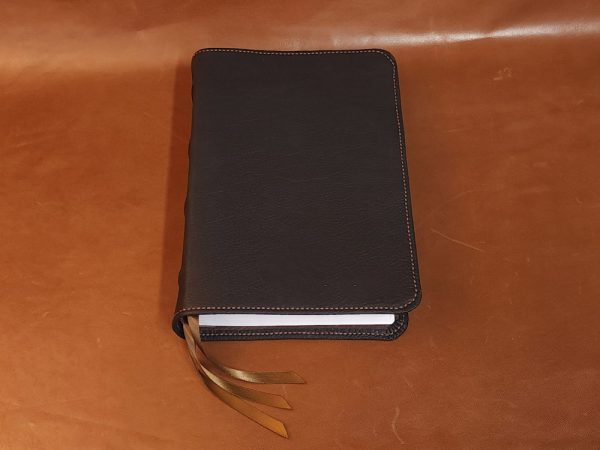Black cowhide leather Every Man's Bible with brown perimeter stitch and three chocolate brown ribbons - Image 6