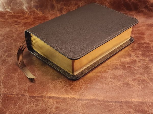 Black cowhide leather Every Man's Bible with brown perimeter stitch and three chocolate brown ribbons - Image 5