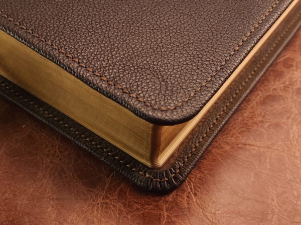 Black cowhide leather Every Man's Bible with brown perimeter stitch and three chocolate brown ribbons - Image 4
