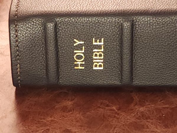 Black cowhide leather Every Man's Bible with brown perimeter stitch and three chocolate brown ribbons - Image 3