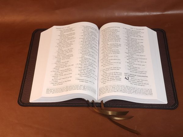 Black cowhide leather Every Man's Bible with brown perimeter stitch and three chocolate brown ribbons - Image 2