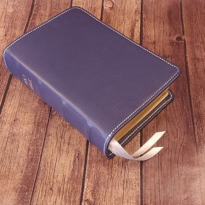 Blue cowhide leather Beautiful Word Bible with silver perimeter stitch and two silver ribbons