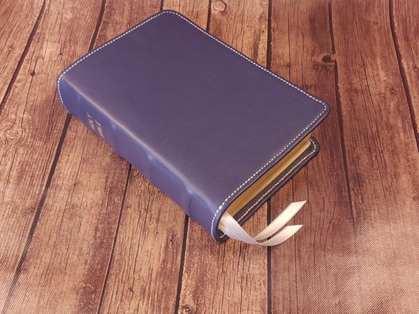 Blue cowhide leather Beautiful Word Bible with silver perimeter stitch and two silver ribbons