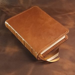 Brown sheepskin leather She Reads Truth Bible with honey brown perimeter stitching and three ribbons