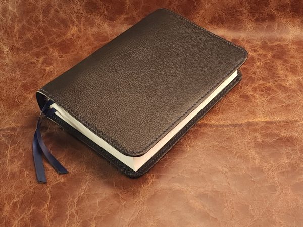 Black cowhide leather ESV Journaling Study Bible with navy blue perimeter stitch and two ribbons - Image 2