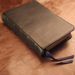 Black cowhide leather Beautiful Word Bible with navy blue perimeter stitch and two ribbons
