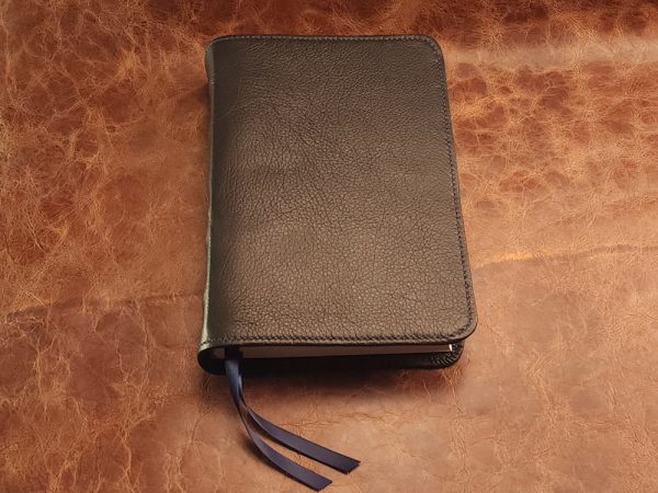 Black cowhide leather ESV Journaling Study Bible with navy blue perimeter stitch and two ribbons - Image 9