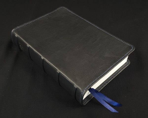 Black cowhide leather ESV Journaling Study Bible with navy blue perimeter stitch and two ribbons - Image 8