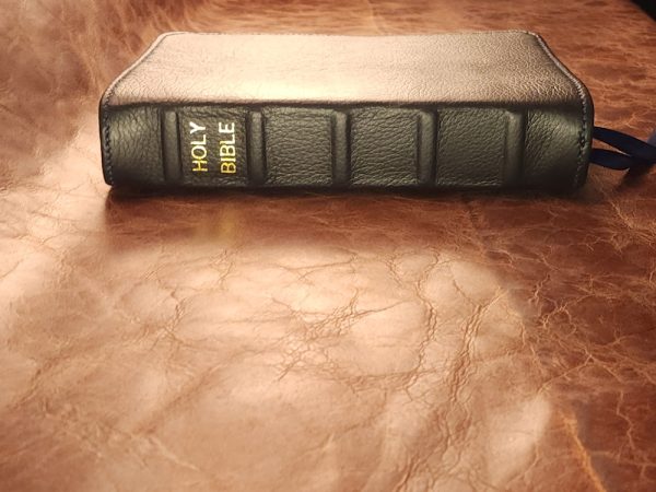 Black cowhide leather ESV Journaling Study Bible with navy blue perimeter stitch and two ribbons - Image 7