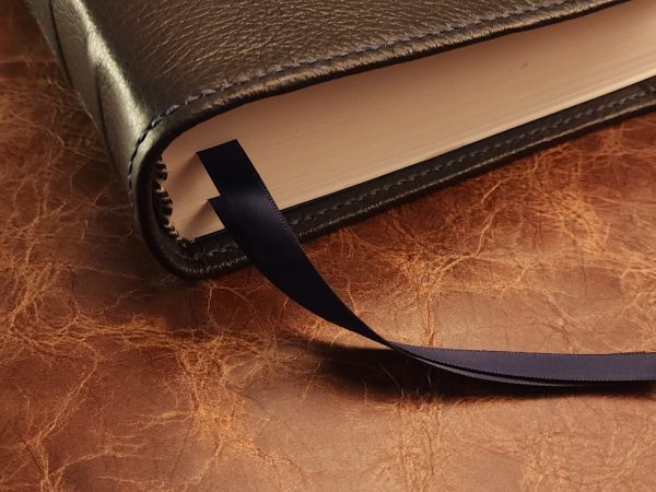 Black cowhide leather ESV Journaling Study Bible with navy blue perimeter stitch and two ribbons - Image 6
