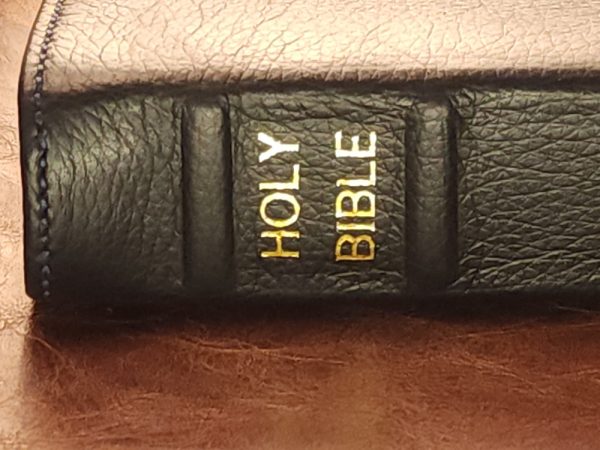 Black cowhide leather ESV Journaling Study Bible with navy blue perimeter stitch and two ribbons - Image 5