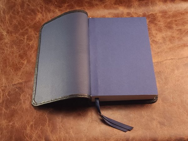 Black cowhide leather ESV Journaling Study Bible with navy blue perimeter stitch and two ribbons - Image 4