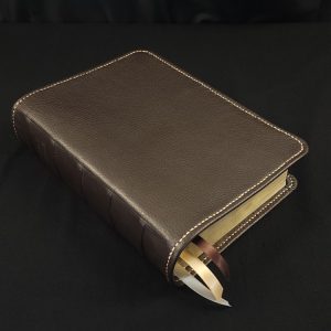 Chocolate brown cowhide leather She Reads Truth Bible with tan perimeter stitching and three ribbons
