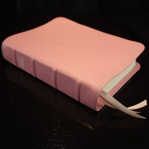 Baby pink cowhide leather Beautiful Word Bible with ivory white perimeter stitching and three ribbons