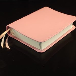 Baby pink cowhide leather Thinline Bible with ivory white perimeter stitching and three ribbons