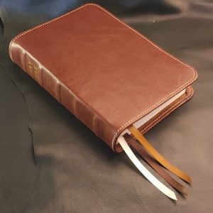 Personal Size Large Print Bible in brown Nappa sheepskin with light tan perimeter stitching and three ribbons