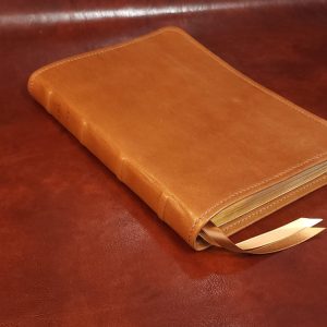 ESV Journaling Study Bible in tan sheepskin leather with antiqued brown sheepskin liner and two ribbons