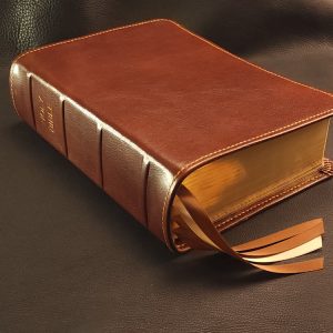 Dark Cognac cowhide leather Thinline Bible with honey brown stitching and four ribbons