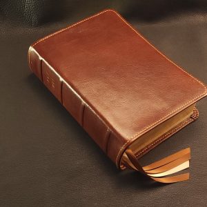 Dark Cognac cowhide leather ESV Study Bible with honey brown stitching and four ribbons