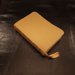 Personal Size Large Print Bible in camel tan sheepskin leather with antiqued brown sheepskin liner and three ribbons