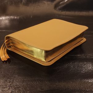 Camel tan sheepskin Thinline Bible with antique brown sheepskin liner and three ribbons