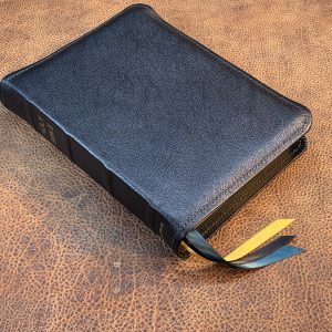Pebbled black goatskin Thinline Bible with aqua blue distressed cowhide liner and three ribbons - Capra Lux by Schaeffner Co