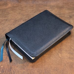 Super Giant Print Bible in pebbled black goatskin leather with aqua blue distressed cowhide liner and three ribbons - Capra Lux by Schaeffner Co