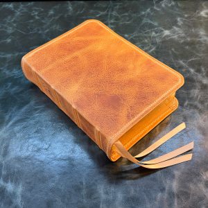 Natural tan Badalassi Carlo distressed cowhide Thinline Bible with pebbled British tan goatskin  liner and three ribbons - Capra Lux by Schaeffner Co
