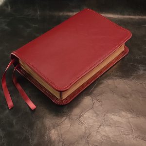 Smooth burgundy sheepskin Thinline Bible with antiqued brown sheepskin liner and three ribbons