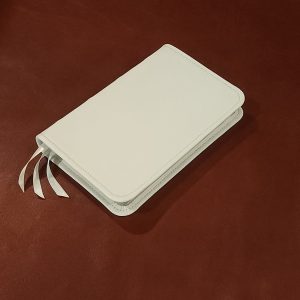 Personal Size Large Print Bible in snow white cowhide leather with a white cowhide liner and three ribbons