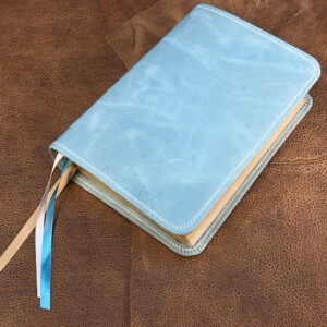 NKJV Study Bible in turquoise blue cowhide leather with camel tan sheepskin liner and three ribbons